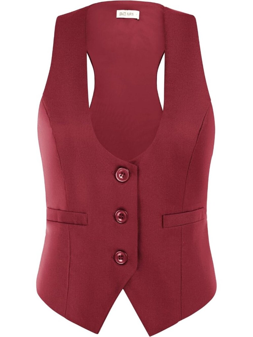 Women's Maroon Dressy Casual Sleeveless Button Waistcoat Office Suit Vest Tops